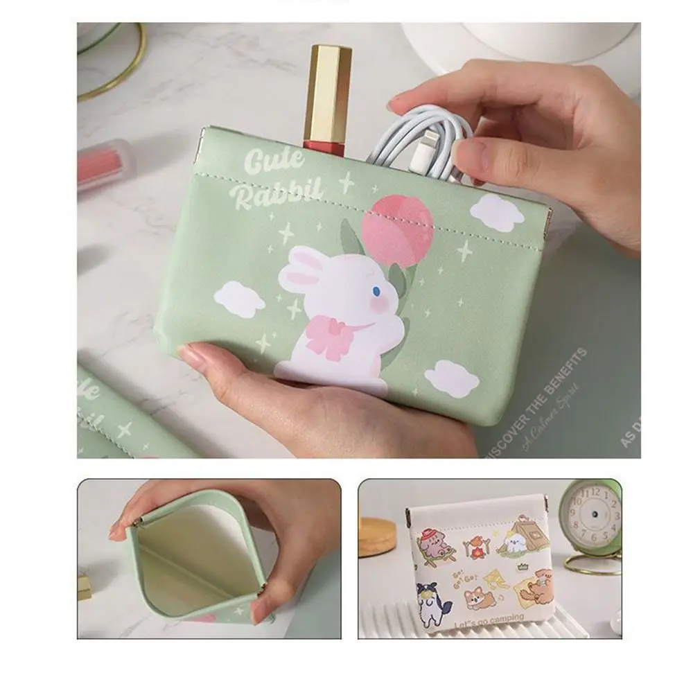 Multifunctional PU Lipstick Makeup Bag Automatic Closing Cartoon Mini Coin Purse Waterproof Data Cable Storage Bag Travel