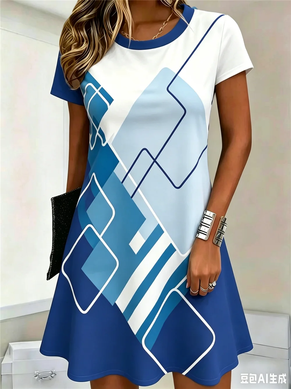 Fashion Striped Plaid Geometric Pattern Women Mini Dresses Short Sleeve 3D Printed Street Ladies Dress 3XL Big Size Casual Dress