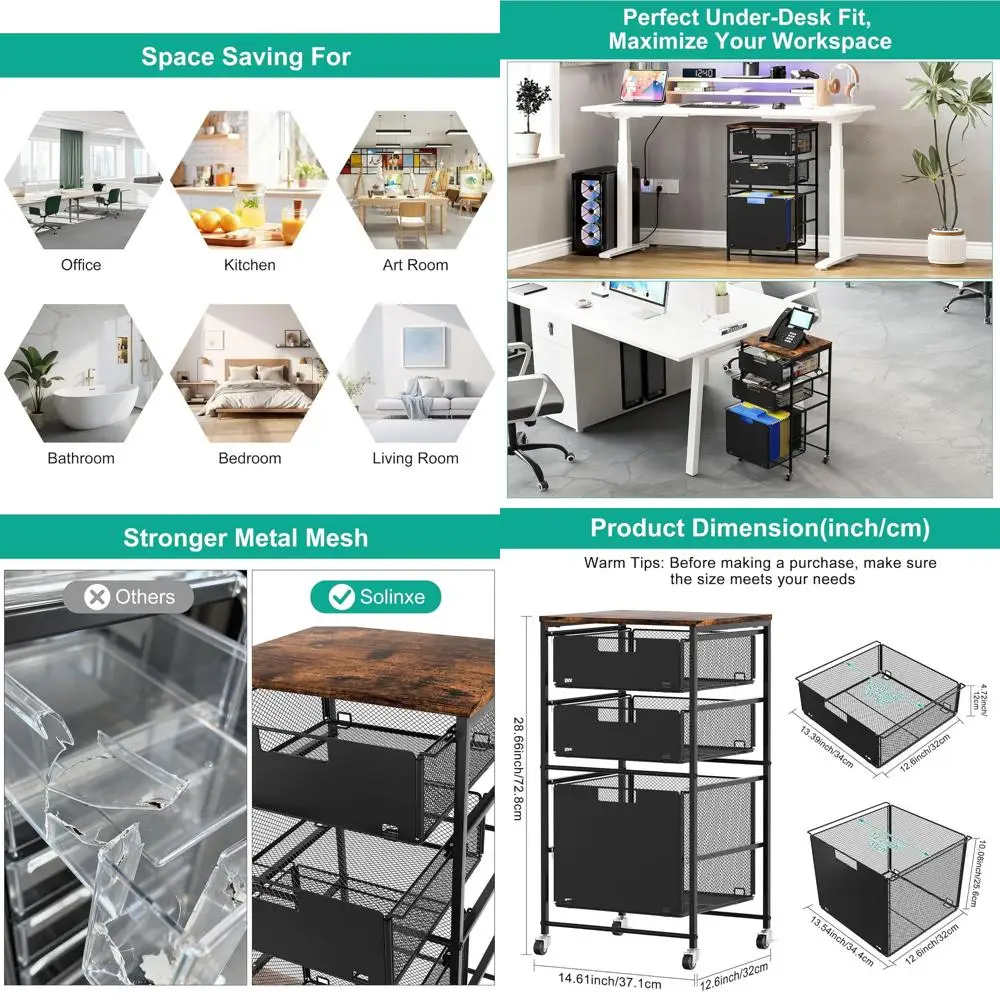 

Тележка для файлов формата Letter с 3-мя ящиками, запираемыми колесами и подвесными папками для домашнего офиса, черная