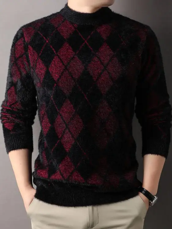 

Men's Thiened f High Collar Warm Knitted Sweater Inteated Fce Mink Base irt Casual Sle Ciwalk Suitable