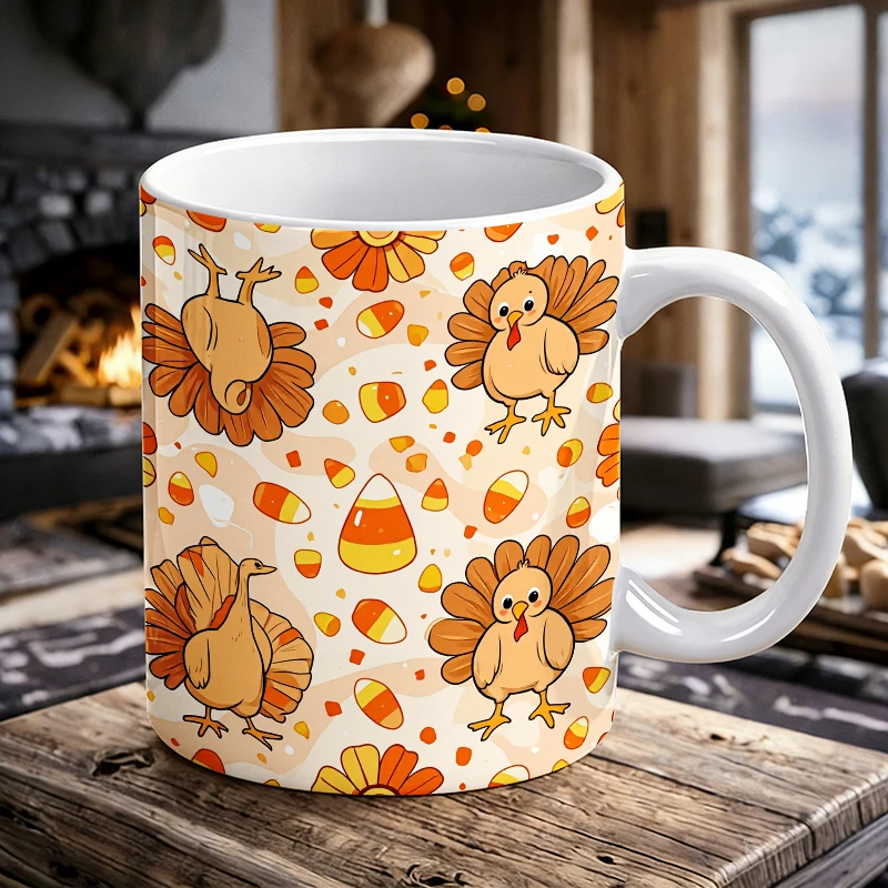 

Cute Turkey & Candy Corn Mug Fall Florals Novelty Tea Cup All-Over Print Cute turkey Ceramic Water Cup for Kids Friend Gift