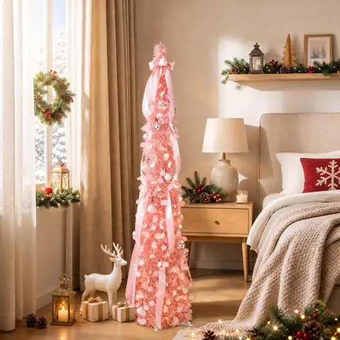 Garvee 150/180CM Pop Up Christmas Tree Foldable  Pre-Lit Artificial PVC Christmas Tree with Ribbon & Bauble Ornaments Pencil Artificial Xmas Tree Home Party Indoor Holiday Decor