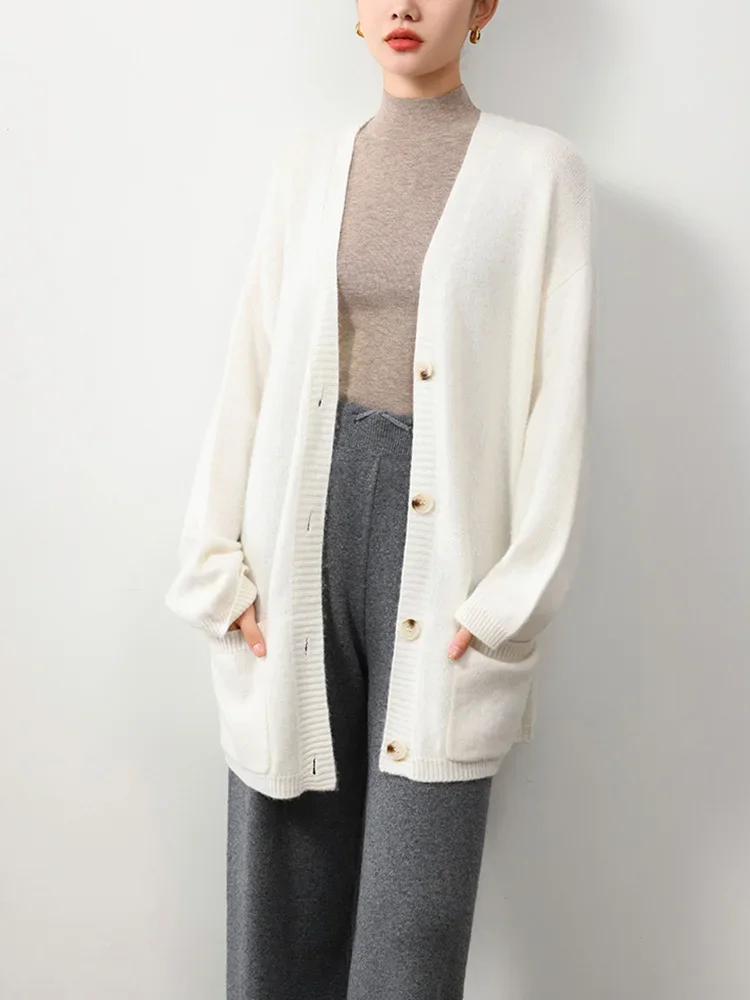 Wool Cashmere Long Cardigan Women 35% Cashmere Knitted Tops Robe Loose Shirt Sweaters Solid Autumn Winter Light Blue Lavender