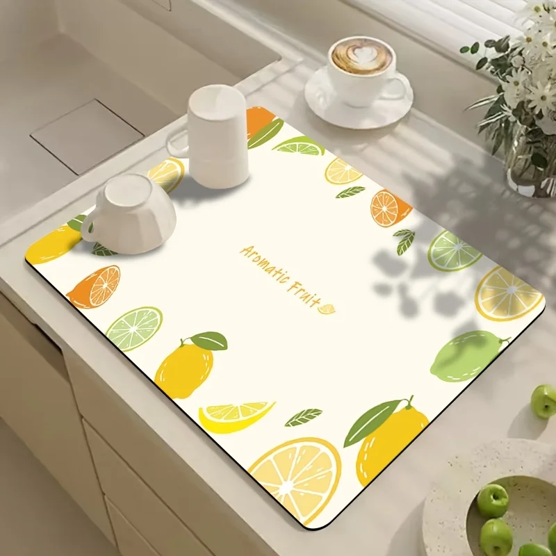 Drying Mat Aromatic Fruit Lemon Orange Print Tableware Drain Pad for Kitchen Countertop Fruit Themed Decor