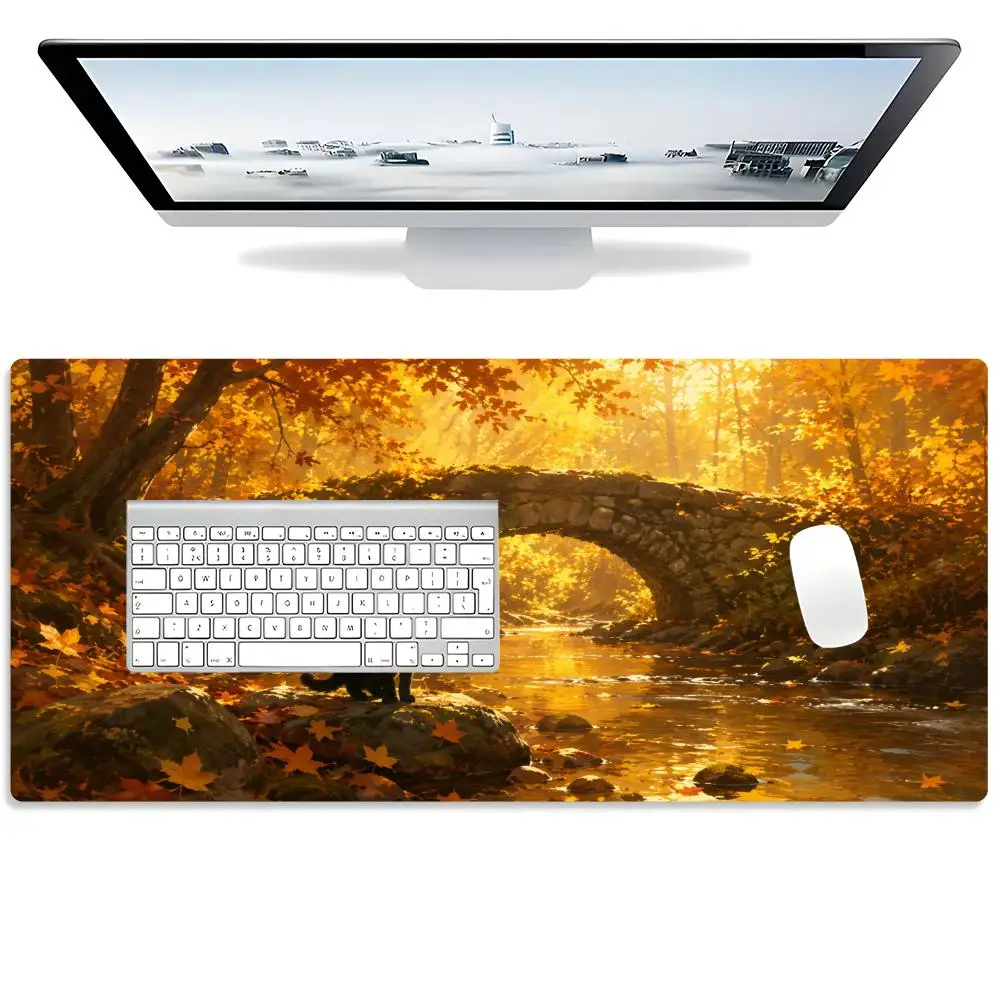 Warm Autumn Maple Forest Creek Black Cat Vintage Stone Bridge View Large Anti-Slip Extended Gaming Keyboard Mouse Pad