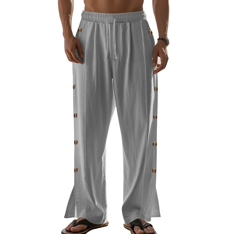 American Casual Straight Beach Pants, Loose, Comfortable, Breathable, Solid Color Cotton and Linen Buttoned Casual Pants