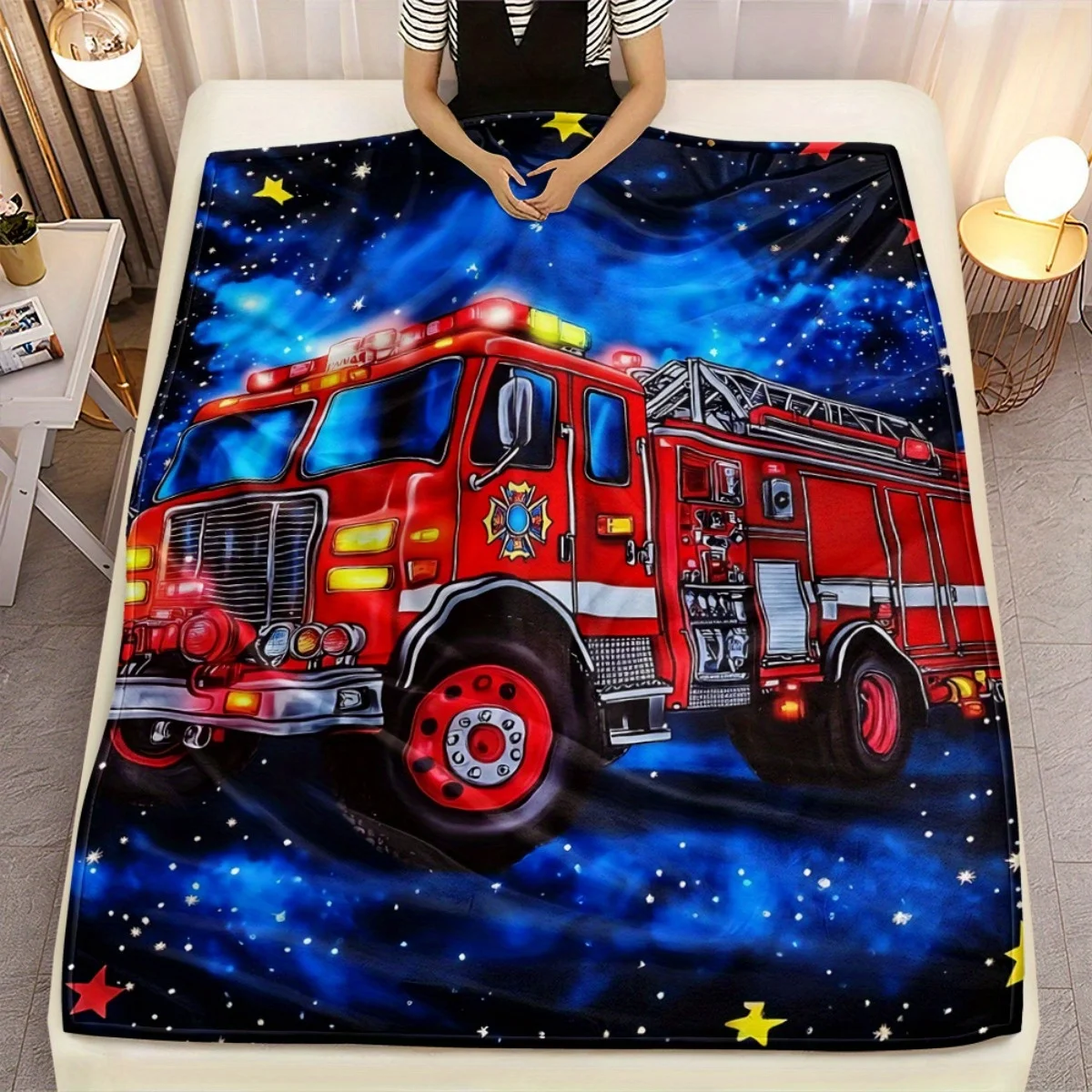 Vivid Fire Truck Rescue Scene Blanket Cozy Throw for Kids Boy Girl Nursery Decor Gift