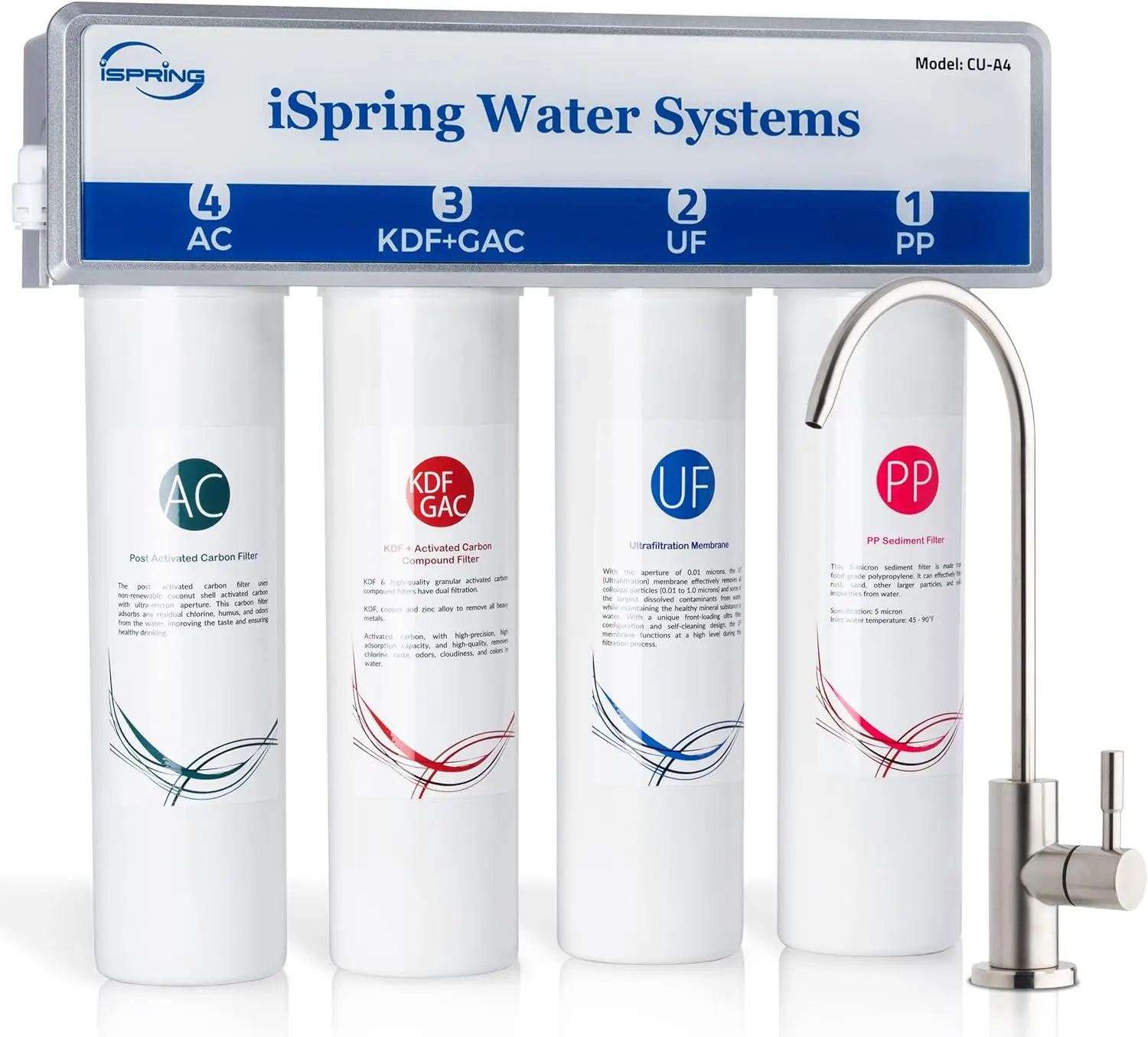 ISpring-sistema de filtro de agua para fregadero, ultrafiltración de 0,01 μm, 4 etapas sin depósito, alta capacidad, elimina el 99.99% de contaminantes, CU-A4