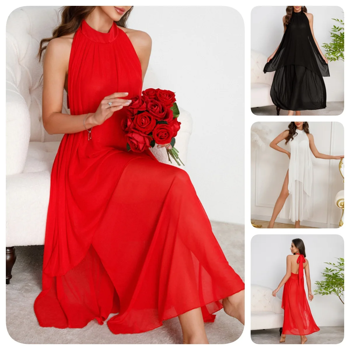 Foreign Trade Multi-color Mesh Neck Nightdress Backless Irregular Skirt Long Drape Sexy Display Long Skirt Cw38282