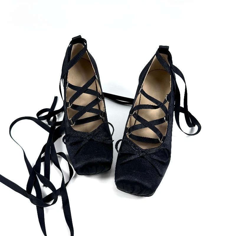 2026 New Vintage Y2K Lolita Satin Mary Jane Pumps, Square Toe Lace‑Up Bow Design, 9cm Block High Heel Multi‑Color Daily Shoes