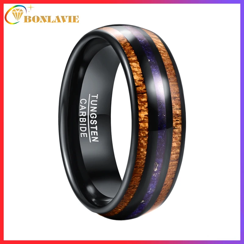 BONLAVIE 8mm Acacia Wood Lapis Lazuli Electric Black Tungsten Steel Ring Carbide Ring Men's Engagement Jewelry