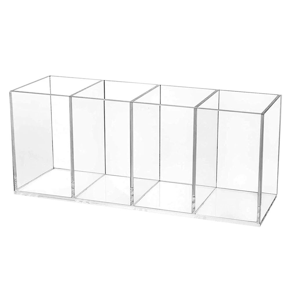 

4-Compartment Acrylic Pen Holder Clear Desk Organizer Stationery Pens Display Stand Makeup Brush Storage Container