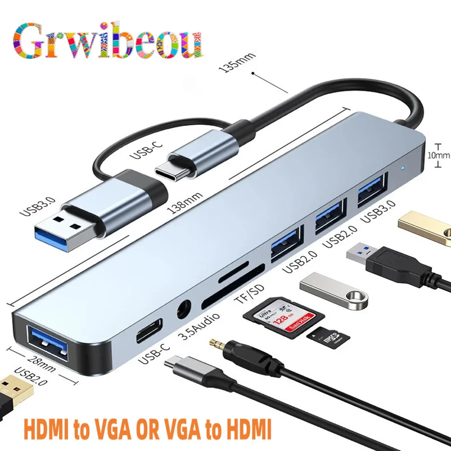 

NEW 8 in 2 USB +Type C HUB Docking Station with 3.5mm Audio Jack Adapter Micro SD Card Reader Laptop Tablet Phone Disk Converter