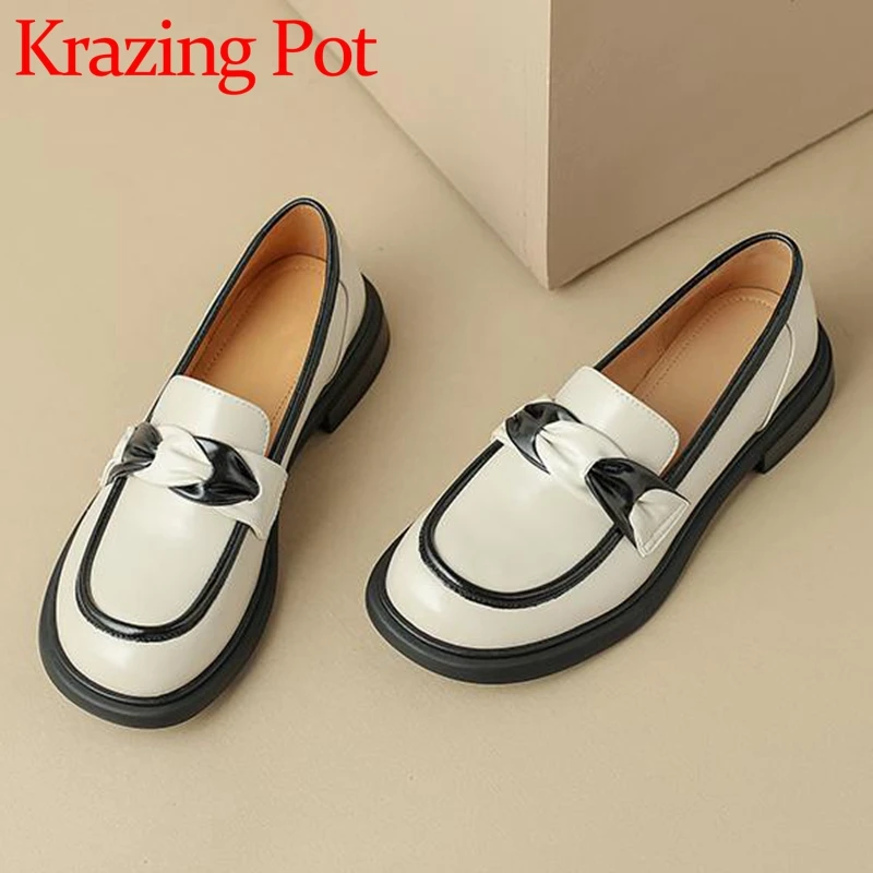 

Krazing Pot Cow Split Leather Round Toe Med Heels Loafers Shoes Thick Bottom Mixed Colors Sweet Preppy Style Cute Beauty Pumps