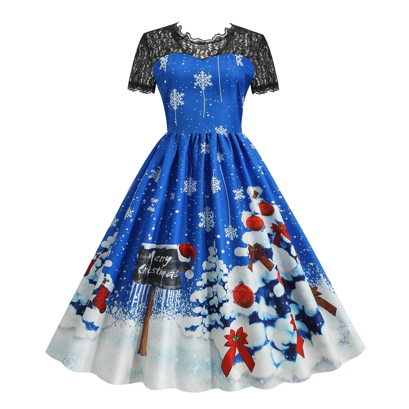 

Lace Retro Christmas Dress Women Costumes Short Sleeve 50S 60S Swing Vintage Party Dresses Christmas Navidad Clothes Cosplay