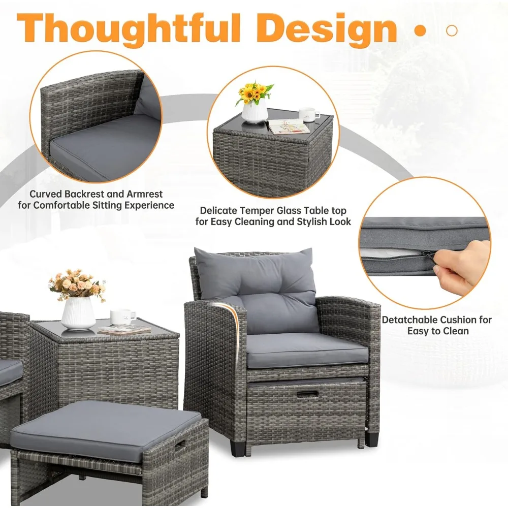 مجموعة أثاث الفناء مكونة من 5 قطع، مجموعة محادثة للفناء الخارجي مع مسند، كراسي خارجية من الروطان لجميع الأحوال الجوية مع