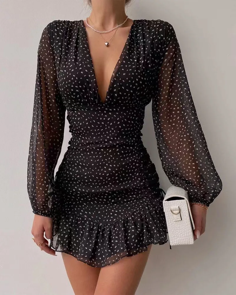 Vestido largo informal de mujer con escote en V profundo, vestido Midi pado de manga larga, falda acampanada de cintura al...
