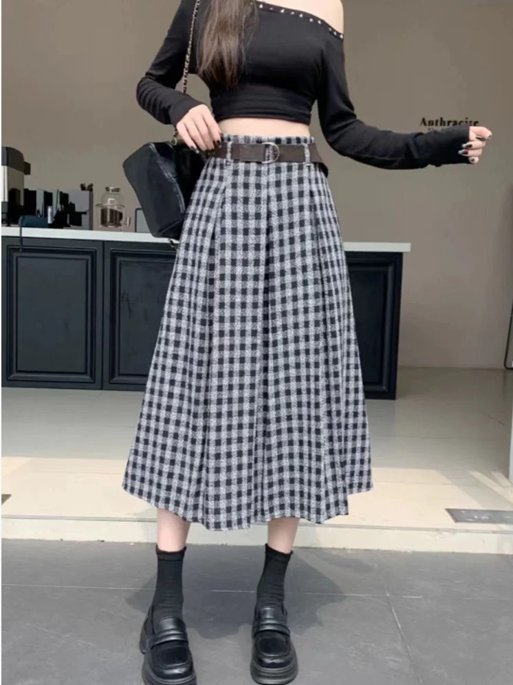 High Waist A-Line Long Skirt Women's Autumn Winter Tweed Plaid Half Body Skirt 2025 New Loose Midi Gored Umbrella Skirt