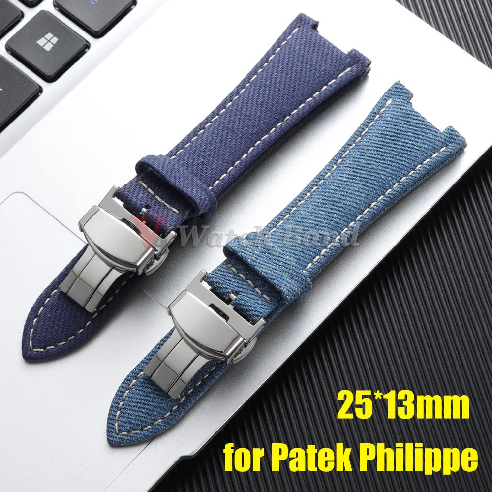 25*13mm Denim Nylon Cowhide Watch Straps for Patek Philippe Nautilus Series 5711 5712 7010G Business Watchband Vintage Wristband