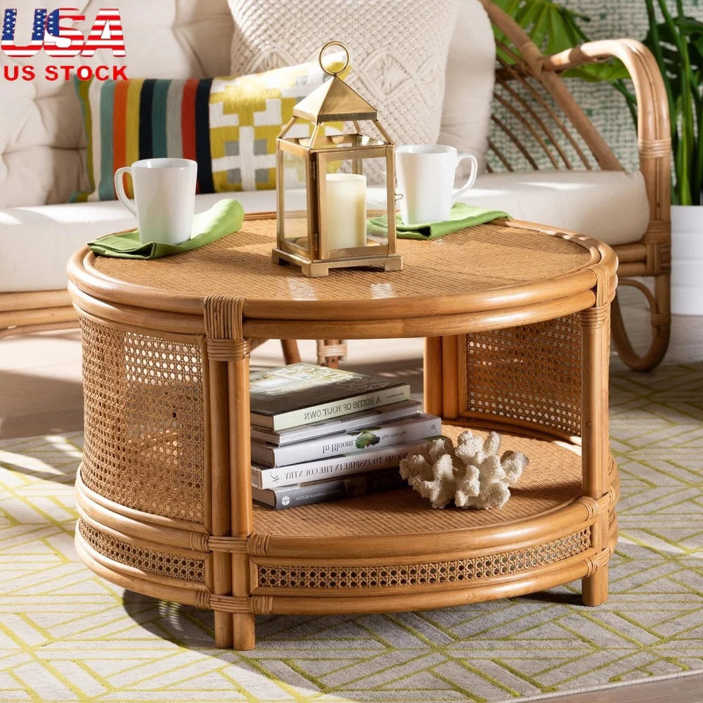 

Natural Rattan Coffee Table with Open Shelf Indoor Bohemian Design Handcrafted Round Table Living Room Storage