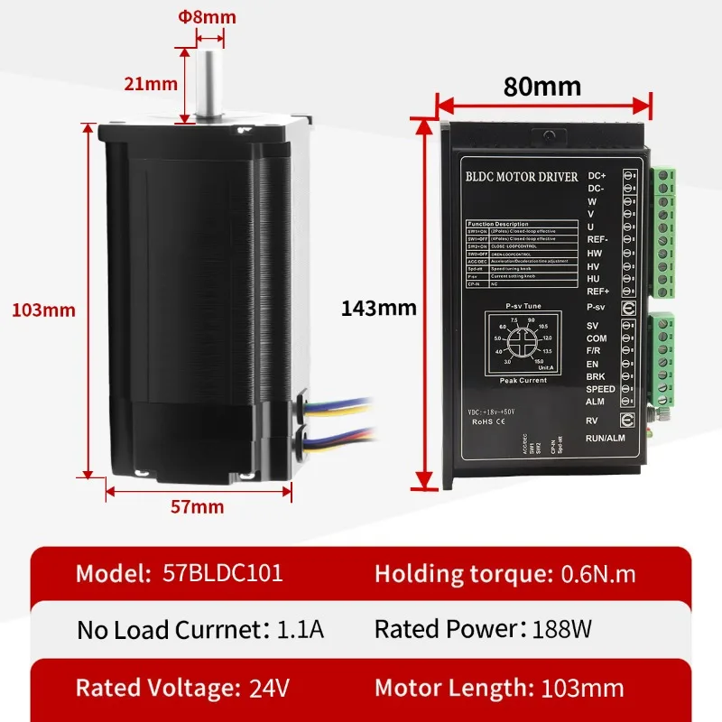 57x57x103mm 3000RPM Brushless NEMA 23 24V 188W BLDC Motor with Driver Kit Flange Mount 0.6NM Torque