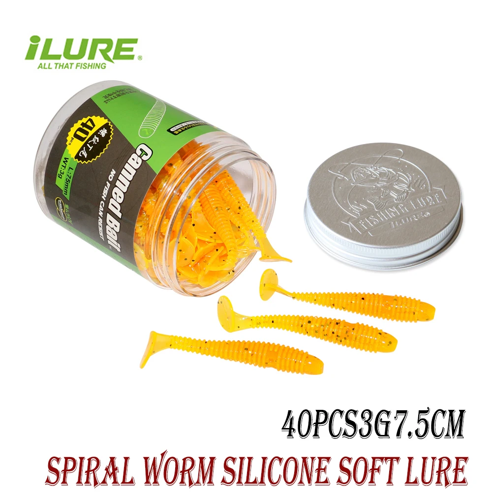 

ILURE 40Pcs/Lot Fishing Lure Spiral Soft Bait T Tail Artificial Silicone Bait Worm 3g7.5cm Sea Fishing Carp Trout Bass Pesca