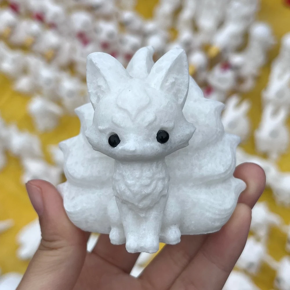 1PCS Natural White Marble Nine-Tailed Fox Carving Polished Reiki Healing Jade Feng Shui Energy Room Decor Gift