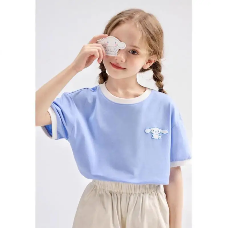 Sanrioed dziecięca bawełniana koszulka z krótkim rękawem Kawaii Cinnamoroll Girl Cartoon Fashion w stylu Casual, letnia nowe ubrania dla dzieci prezent dla dziewczynki