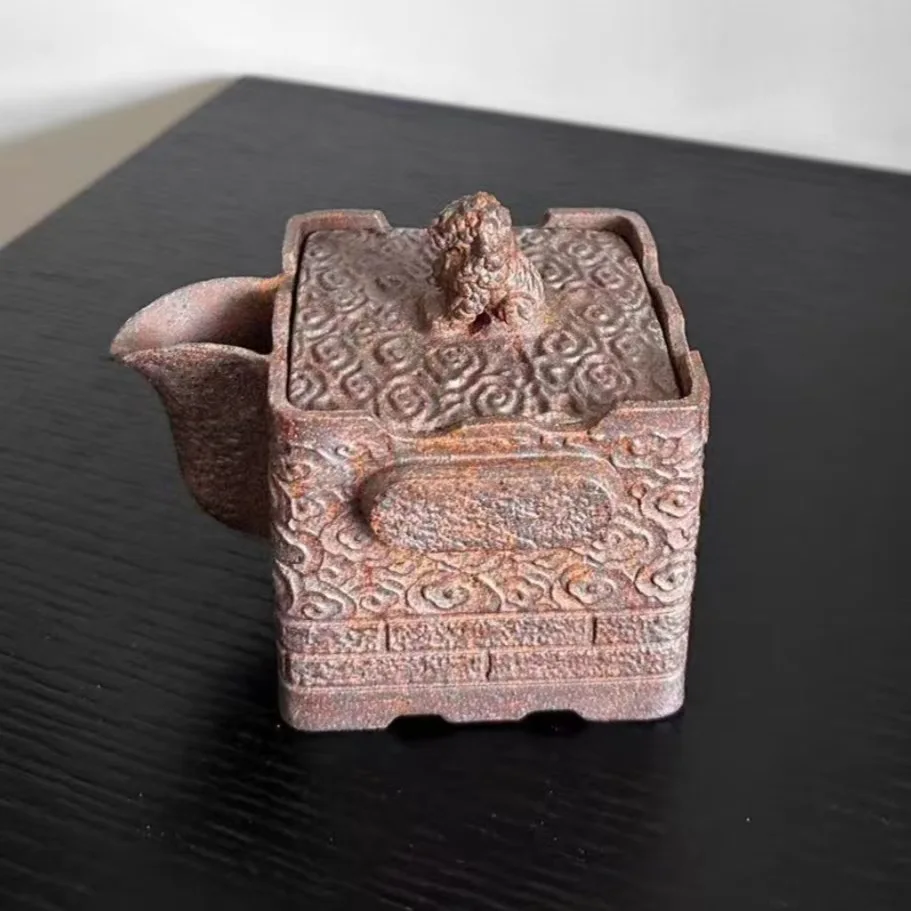 Square Divine Beast Hand‑Grip Zisha Teapot, Yixing Dragon‑Bone Gold Sand Clay, Wood‑Fired Hand‑Crafted Household Kung Fu Tea Set