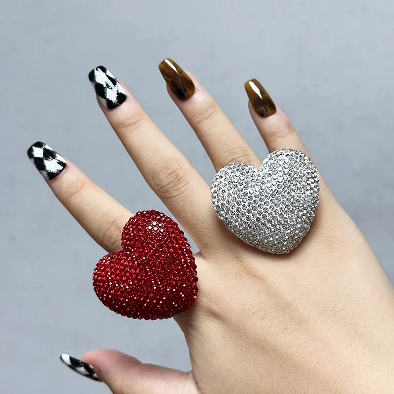 

Three-Dimensional Large Heart Rhine Stone Ring Women's INS Style Diy Handmade Ring Fashionable And Trendy Jewelry Accessory