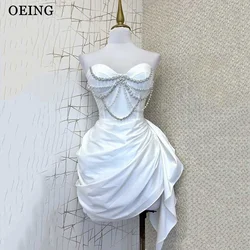 OEING White Prom Dress Simple Strapless Beading Pleated Train Homecoming Dresses Shiny Special Occasion Gowns Vestidos De Festa