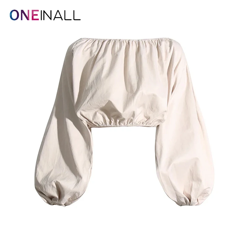 

ONEINALL Backless Short Shirt For Women Round Neck Lantern Sleeve Patchwork Ruched Temperament Blouses Female Clothing 2024 New