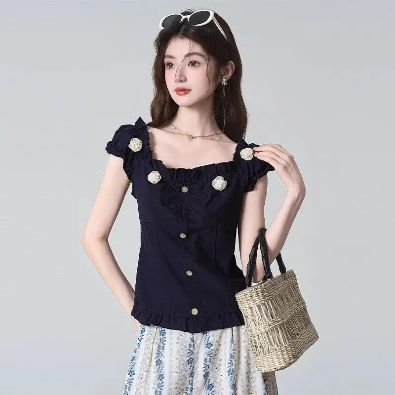 Petit haut coréen pour femmes, coupe cintrée, polyvalent, mode tempérament, Style de vacances, imprimé Floral bleu, été 2025