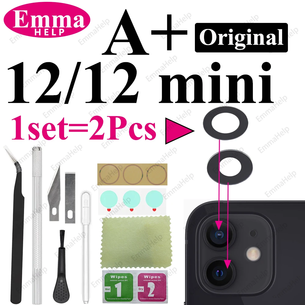 EmmaHelp 1 Set Original Saphir Rückkamera-Objektivglas für iPhone 15 14 13 12 11 Pro Max Plus Mini mit Klebstoff-Reparatur-Werkzeugset 9