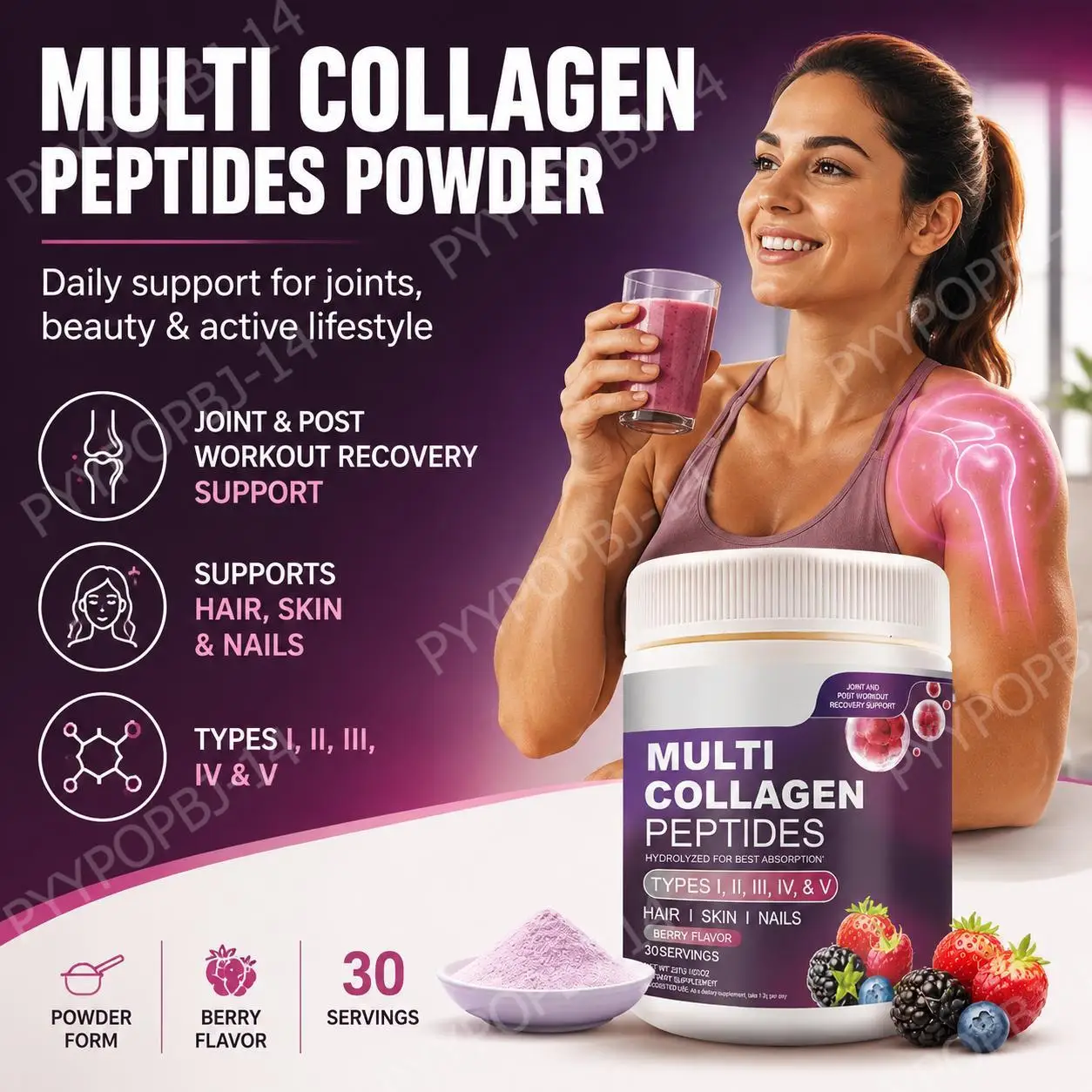 Multi Collagen Peptides Powder for Hair Skin Nails and Joint Recovery Support, Types I II III IV V, Berry Flavor, 28 Servings