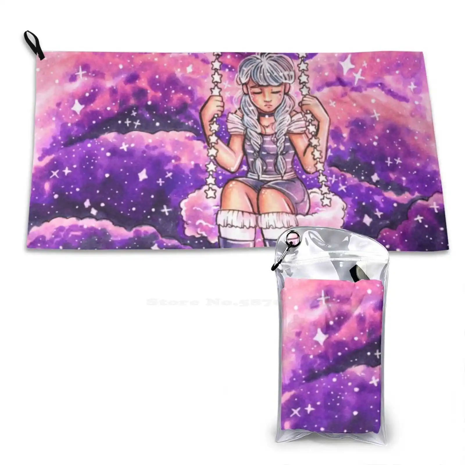 Dreaming Soft Towel Quick Dry Beach Towel Galaxy Stars Moon Pink Purple Cute Girly Dreams Copic Marker Traditional Female