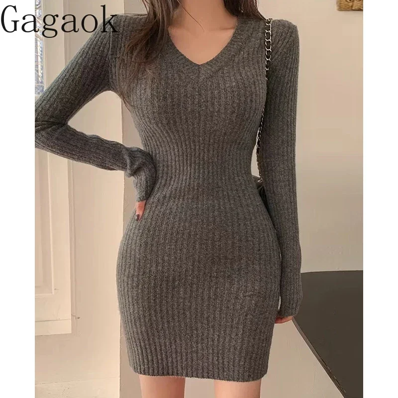 Gagaok Korean Style Bodycon Dress Autumn Winter Retro V-neck Slimming Knitted Sweater Dresses Women Simple Solid Vestidos