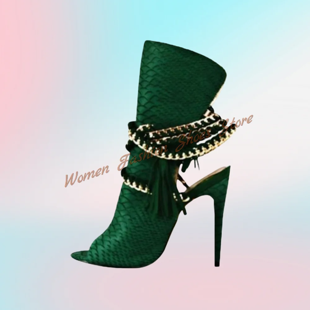 Dark Green Scales Peep Toe Sandals Stilettos High Heels Lace up High Heel Shoes for Women Heels 2024 New Zapatos Para Mujere