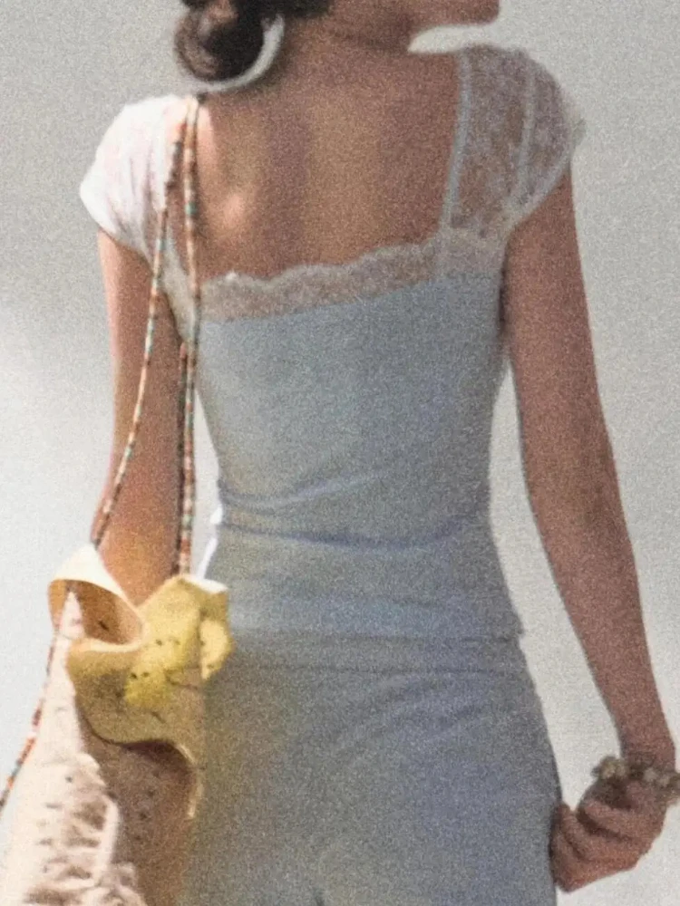 

Y2k Lace Bow Splicing T-shirt Women Japan Style Sweet Slim Fit Short Sleeve Crop Top 2025 Summer Spicy Girls Chic Tees