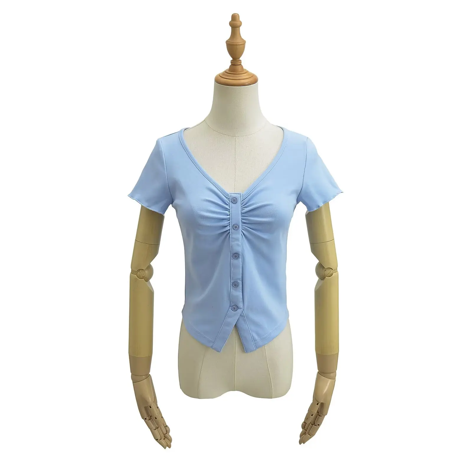 T-shirt coupe cintrée pour femmes, ort Sve v-ne, ourlet plissé, bouton, Design américain, fille chaude, ventre, haut de rue, été