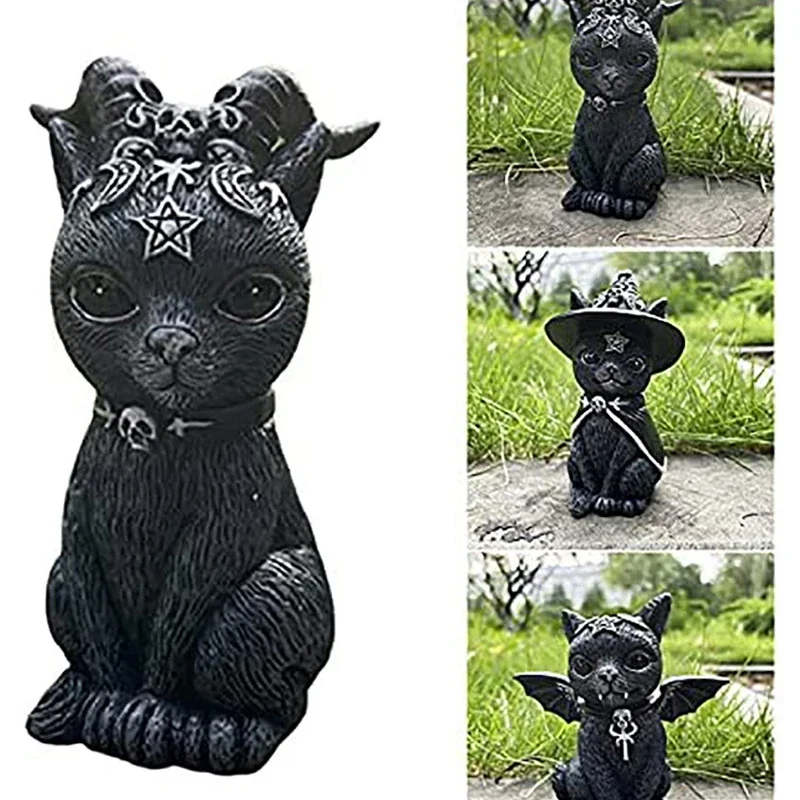 Statua di gatto nero per decorazioni di Halloween, misteriosa statuetta di streghe di gatto carino, ornamento da scrivania, scultura dipinta a mano