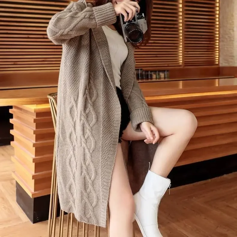 Women Sweater Autumn Winter 2024 Knitted Long Cardigan Coat Korean Fashion Loose Large Size Full Sleeve Casual Hooded Knitwear