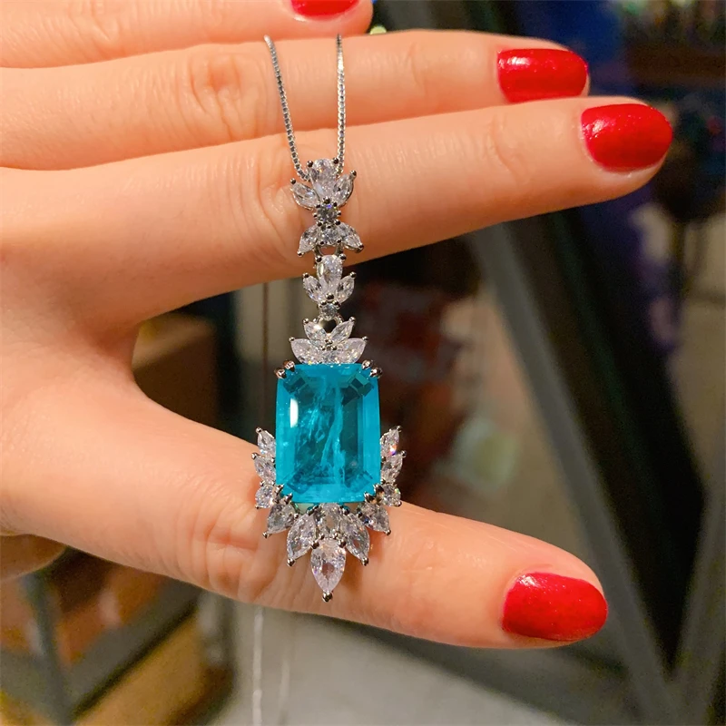 New Arrival Paraiba Tourmaline Necklace Pendant Ring Earrings High Carbon Diamond Women\'s Luxury Wedding Party Fine Jewelry Sets