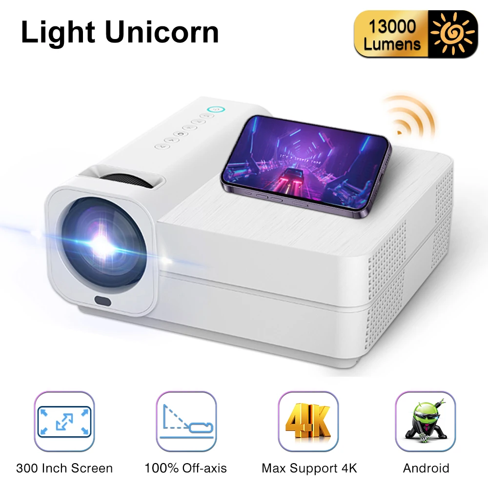 

Light Unicorn T28 1080P full HD 13000 Lumens LED Video Projector 4K Android 5G WiFi 300Inch Home Cinema Theater Smart TV Beamer