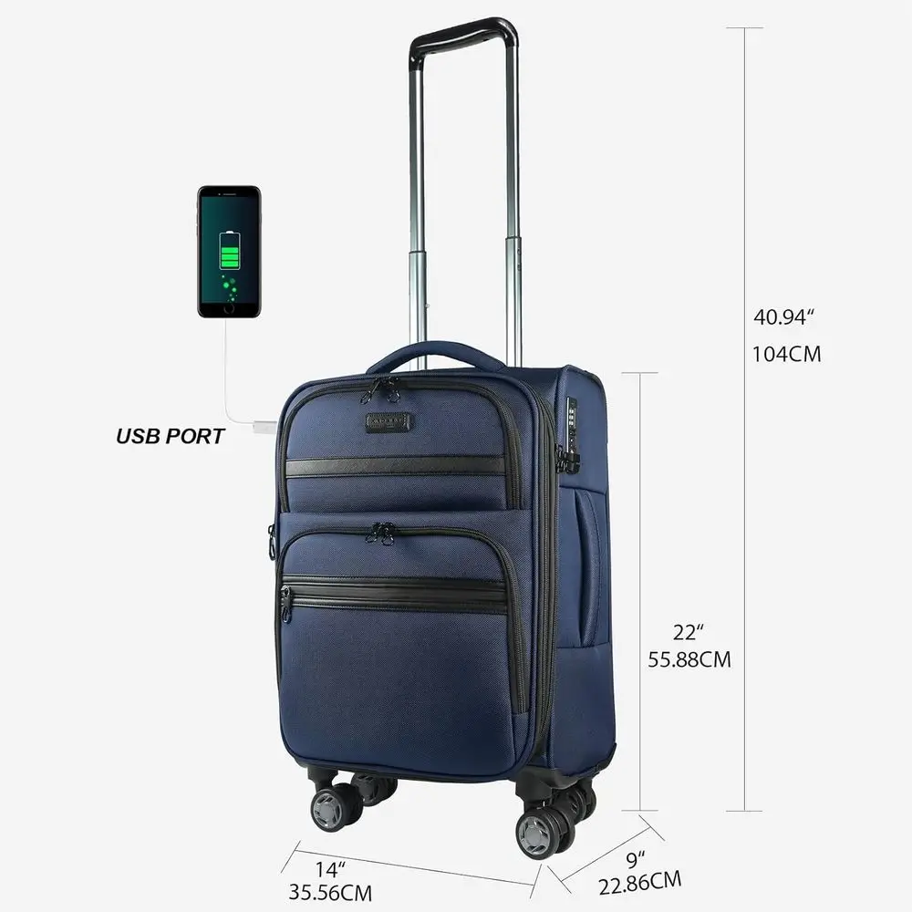 20 Expandable Softside Spinner Suitcase with Front Pockets, USB Port, and TSA Lock - Navy