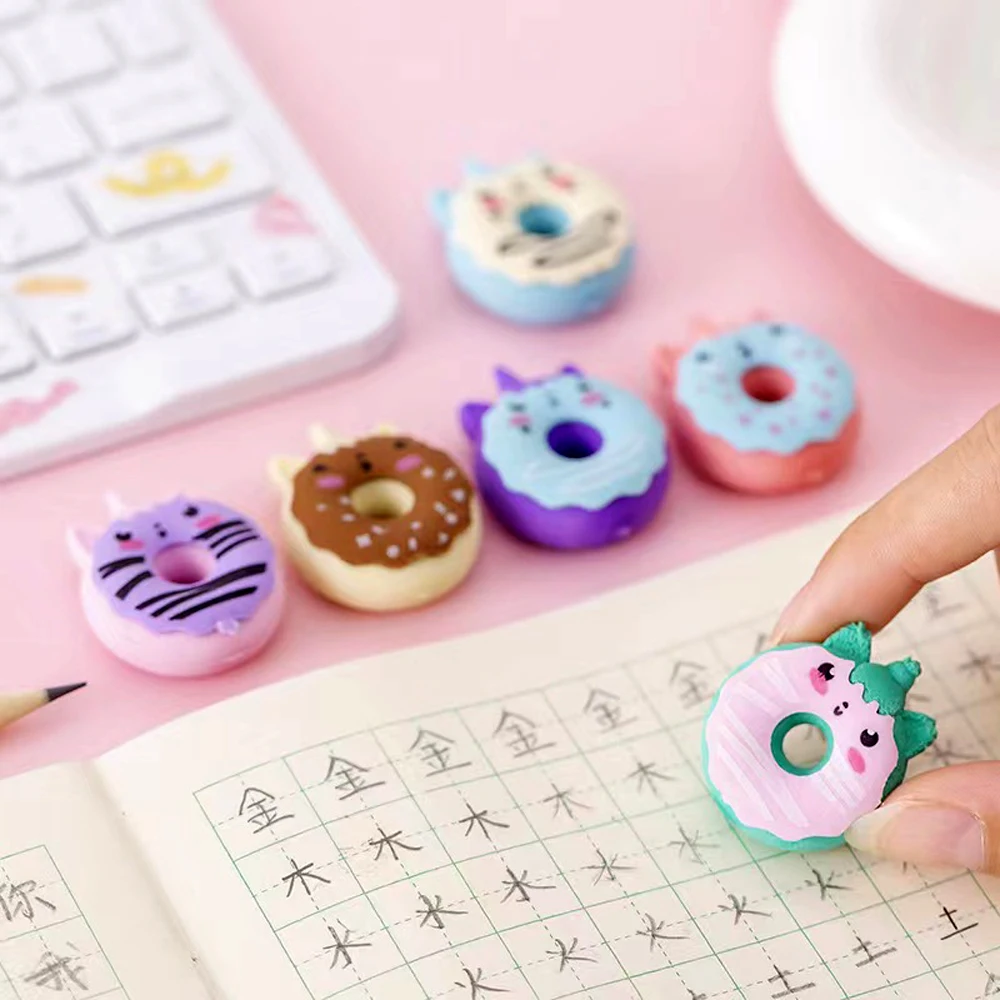 4 Pcs Cute Kawaii Rubber Eraser Creative Pencil Erasers Supplies Stationery Kids Students Cool Prizes Unicorn Donut School