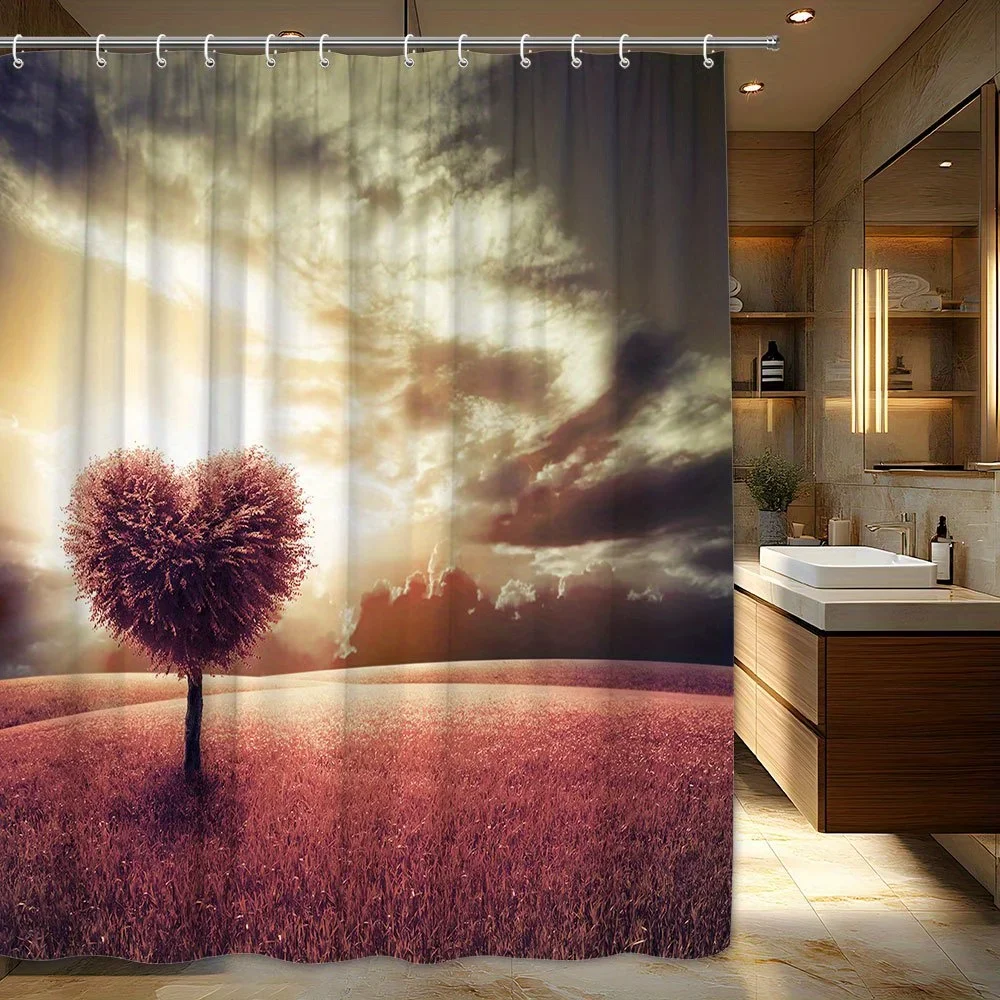

1 шт. мечтательная занавеска для душа в форме сердца в форме дерева - золотой закат, романтический дизайн, полиэстер, декор для ванной комнаты