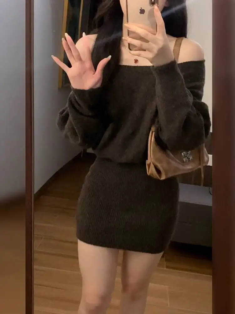 Women Knitting Dress With Belt 2025 Autumn New Women's Dress Off The Shoulder Long Sleeve Knit Slim Fit Bodycon Midi Dress