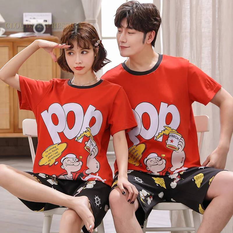 Summer 100% Cotton Cartoon Print Couple Pajama Sets Pyjamas Kawaii Sleep Lounge Short Yellow Sleepwear Suits Pajamas for Lovers