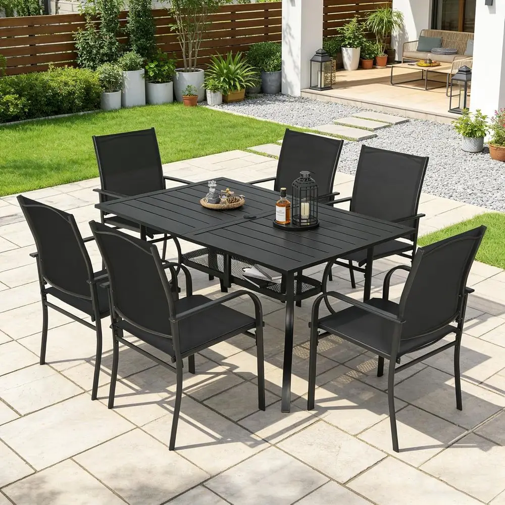 

6-Chair Outdoor Dining Set with Textilene Chairs and Metal Slat Table for Patio, Garden, or Deck, Black